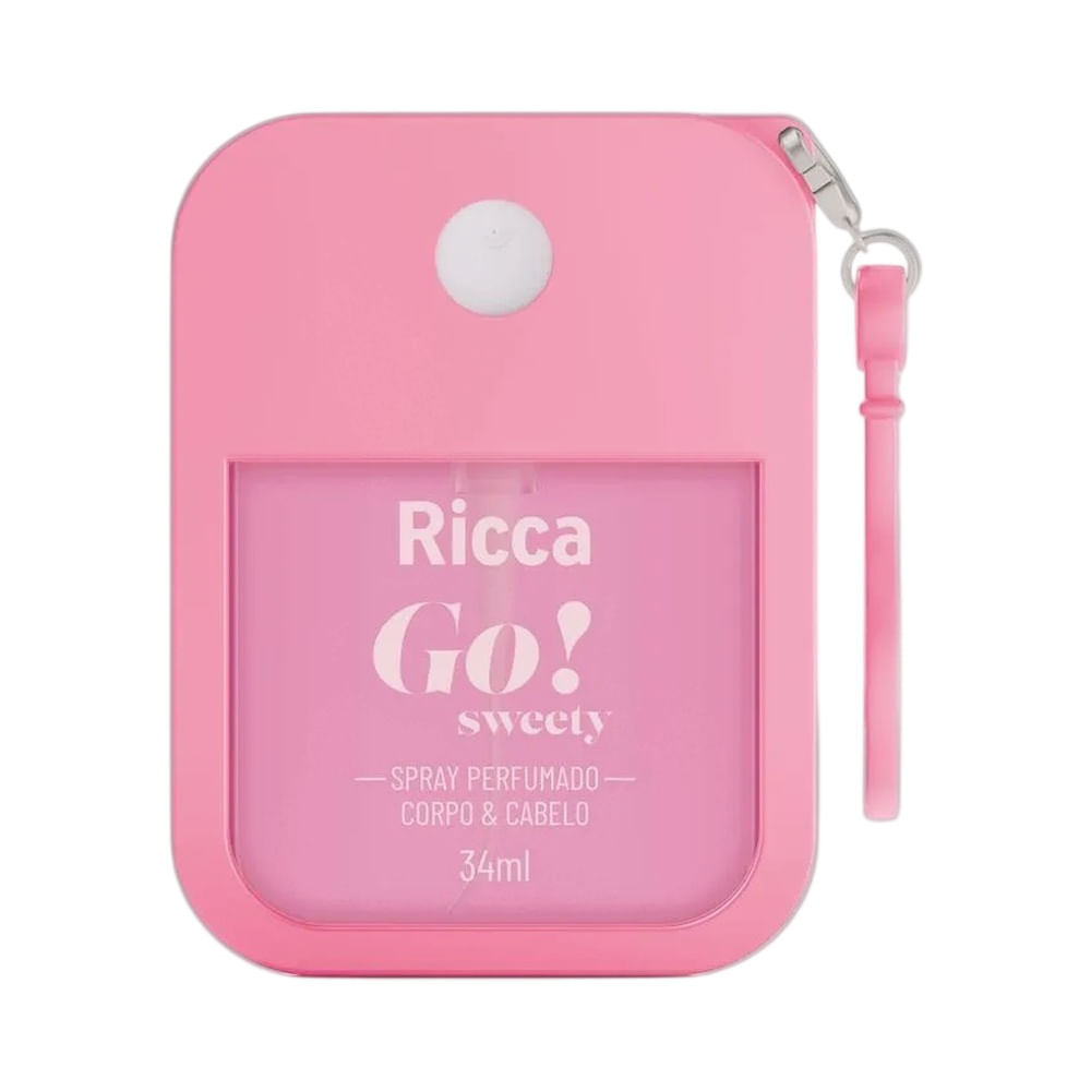 Spray Perfumado Ricca Go! Sweety 34ml em embalagem rosa com tampa transparente